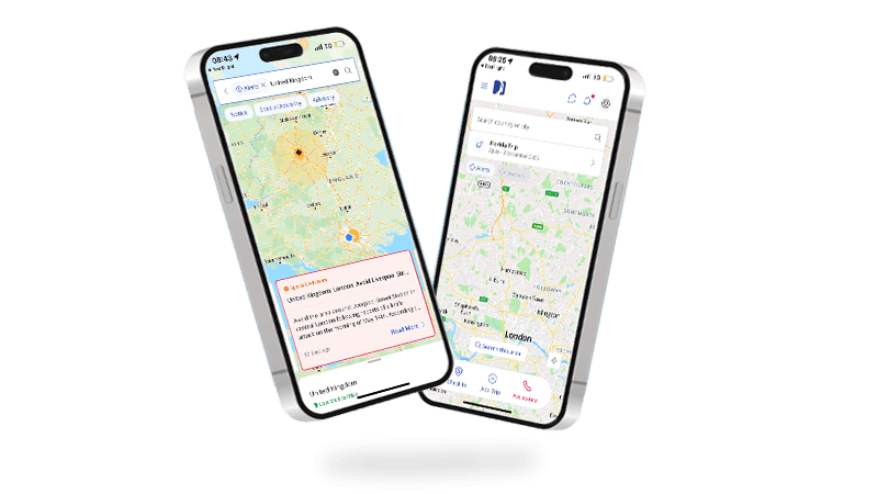 Zwei Smartphones mit geöffneter Kartenansicht der Assistance App.