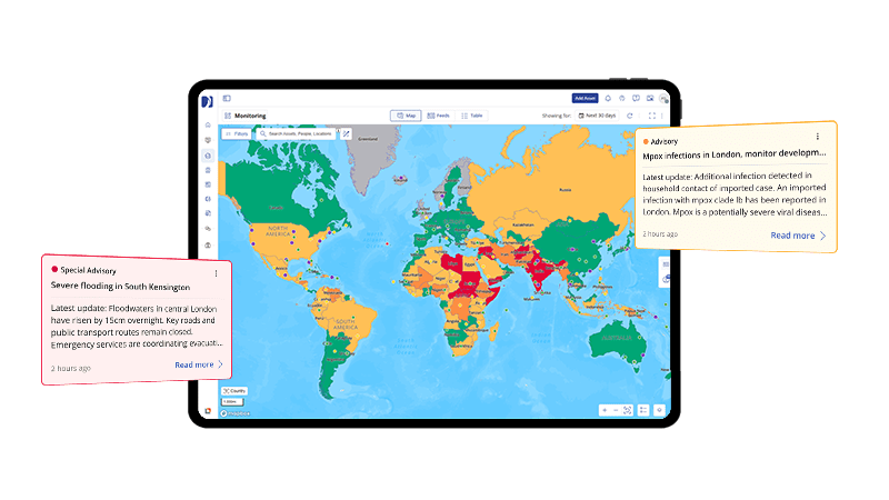 Mockup einer Plattform für das Management kritischer Ereignisse, Tablet mit Quantum-Screenshot und zwei Hinweisfenstern für Warnmeldungen